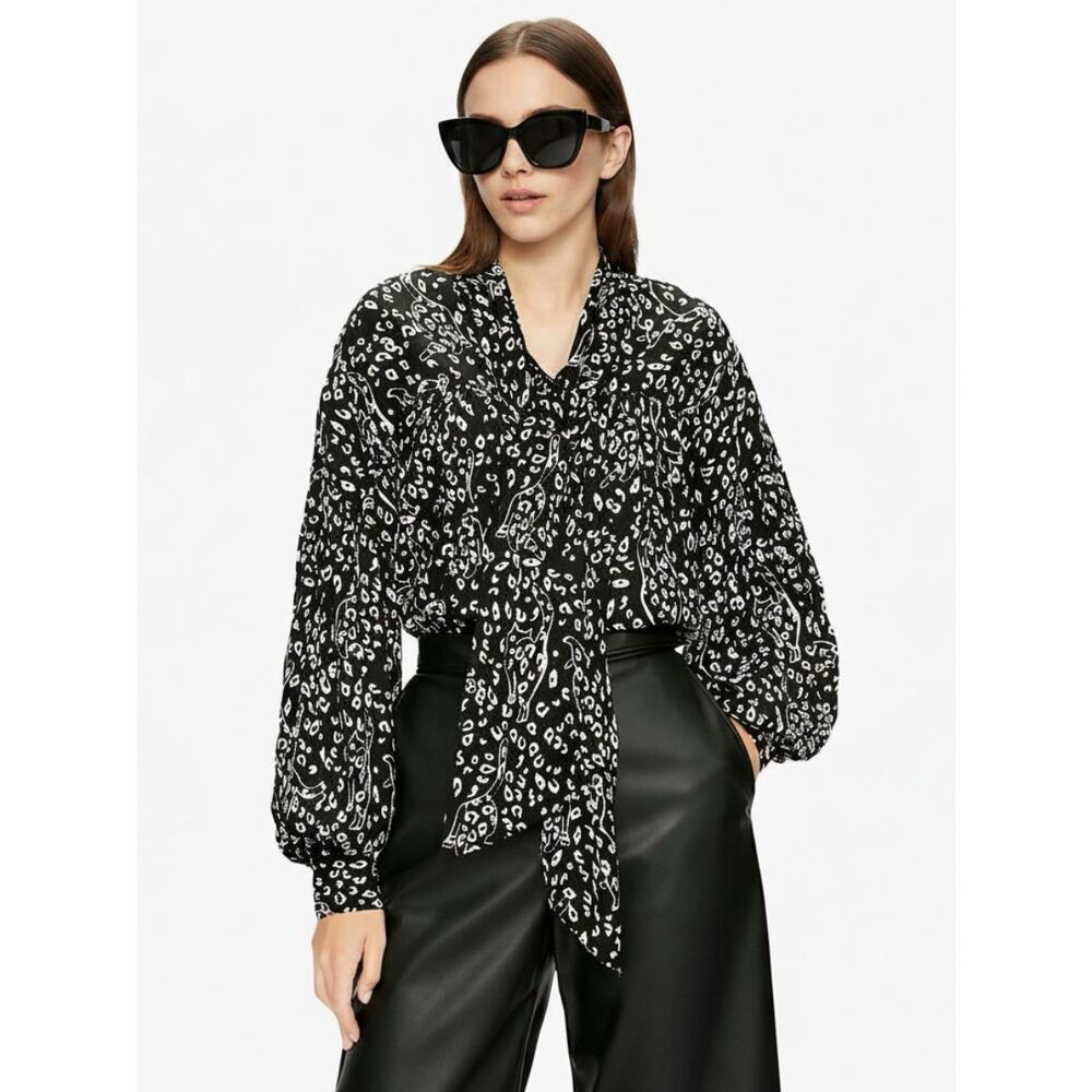 TED BAKER Gaelle Leopard-Print Bow Neck Tie Jacquard Blouse Women's Size 2